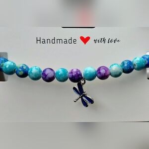 Blue and Purple Beaded Bracelet with Dragonfly Charm
